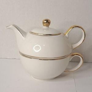 White and Gold Trim Combination Teapot Tea Cup Ceramic Collectible.